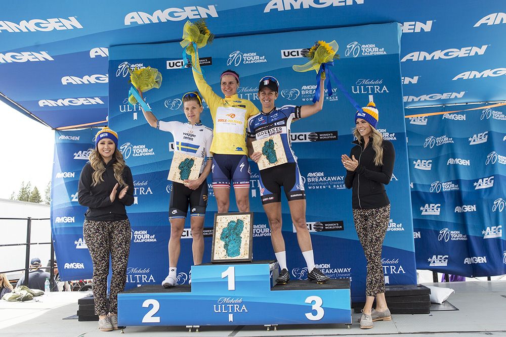 The stage 1 podium: Emma Johansson, Megan Guarnier and Kristin Armstrong