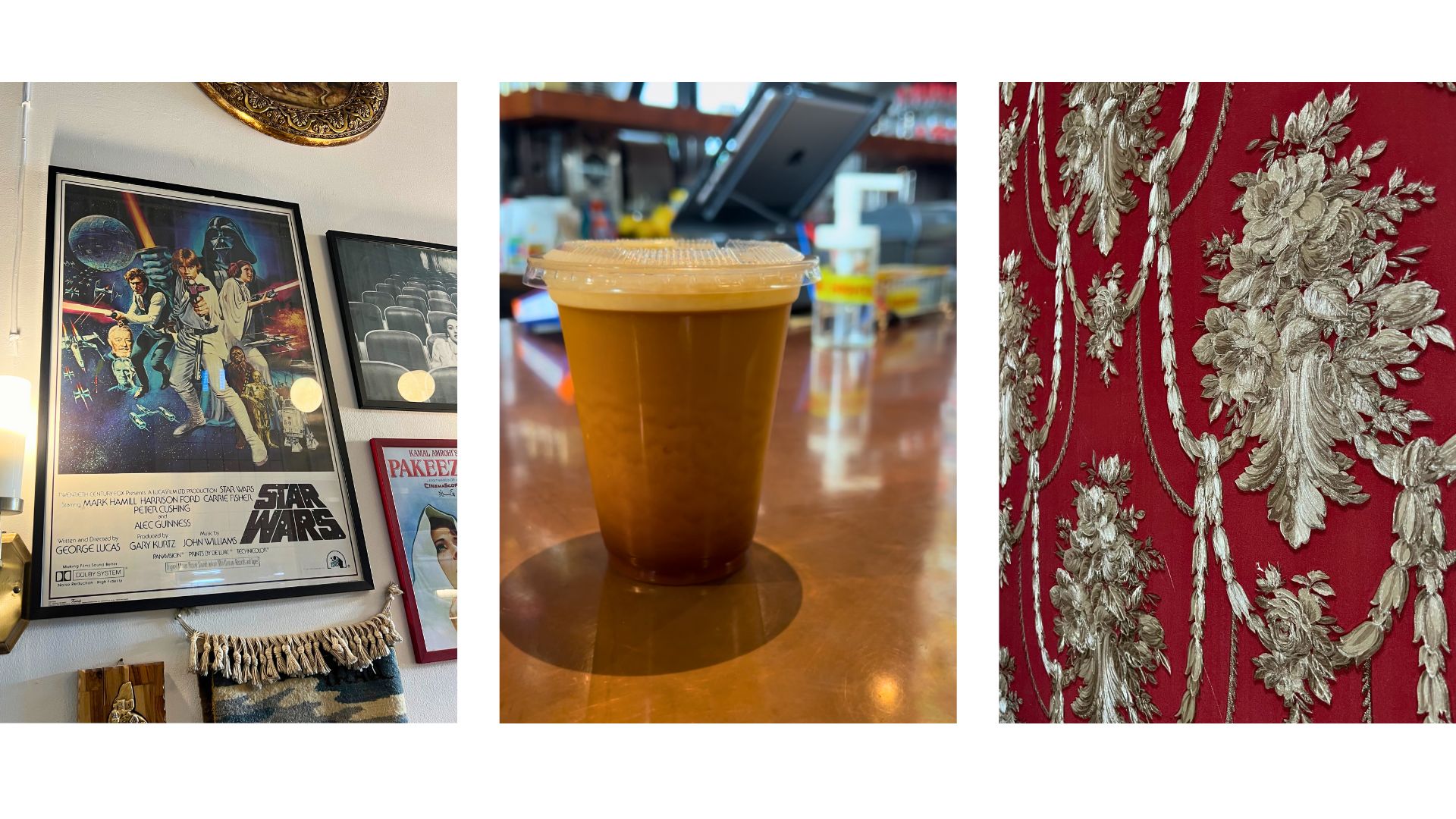 a Star Wars poster, a coffee and embroidered wallpaper at Cinema Akil in Dubai