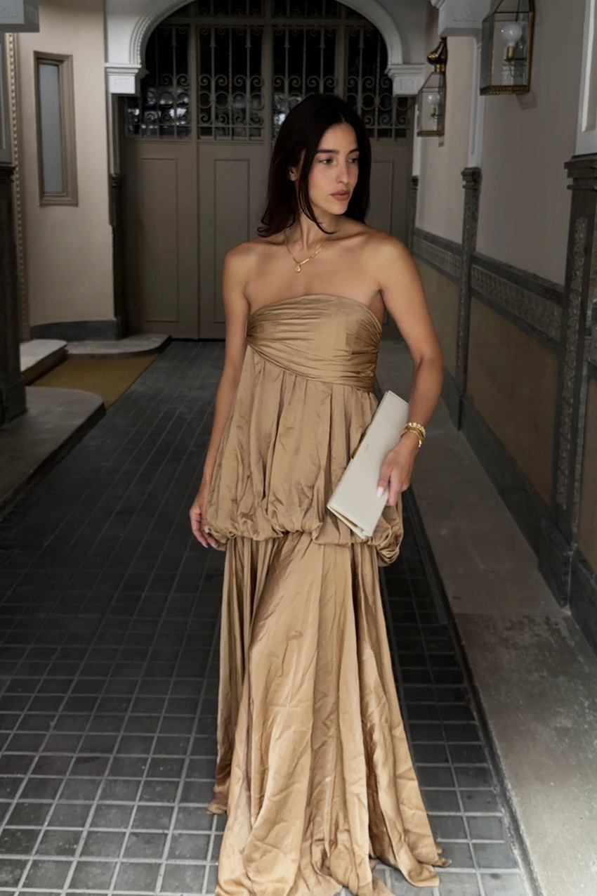Bettina Looney wearing a 2026 wedding guest dress trend