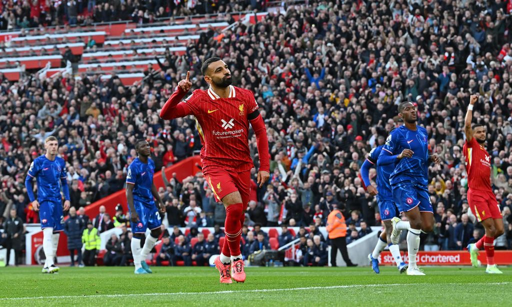 LIVERPOOL, ENGLAND - OCTOBER 20: (THE SUN OUT, THE SUN ON SUNDAY OUT) Mohamed Salah of Liverpool celebrating after scoring the opening goal during the Premier League match between Liverpool FC and Chelsea FC at Anfield on October 20, 2024 in Liverpool, England. (Photo by John Powell/Liverpool FC via Getty Images)