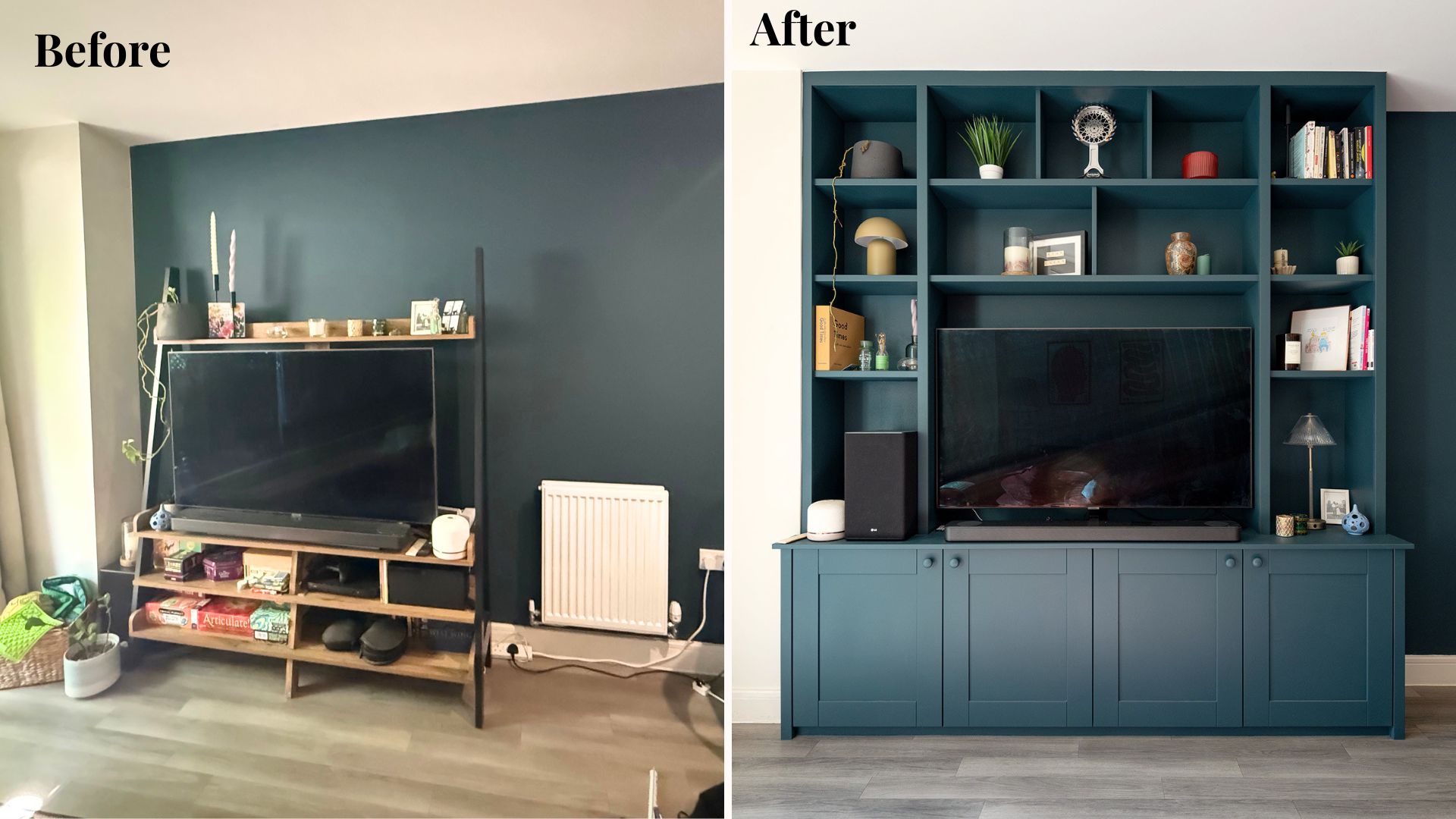 Before and after collage image of a blue living room wall with a freestanding tv unit that looks cluttered and a built-in unit in comparison