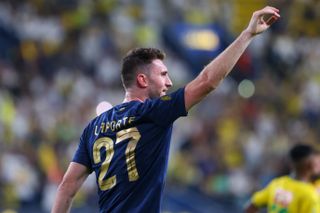 Aymeric Laporte celebrates after scoring for Al-Nassr against Al-Khaleej in November 2023.