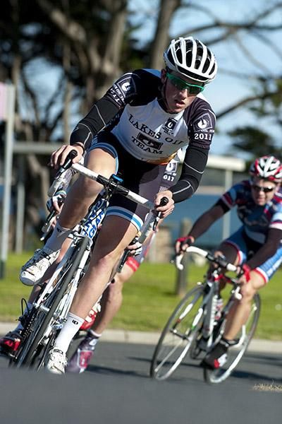 A member of the Lakes Oil team corners at the back-end of the two kilometre course in San Remo.