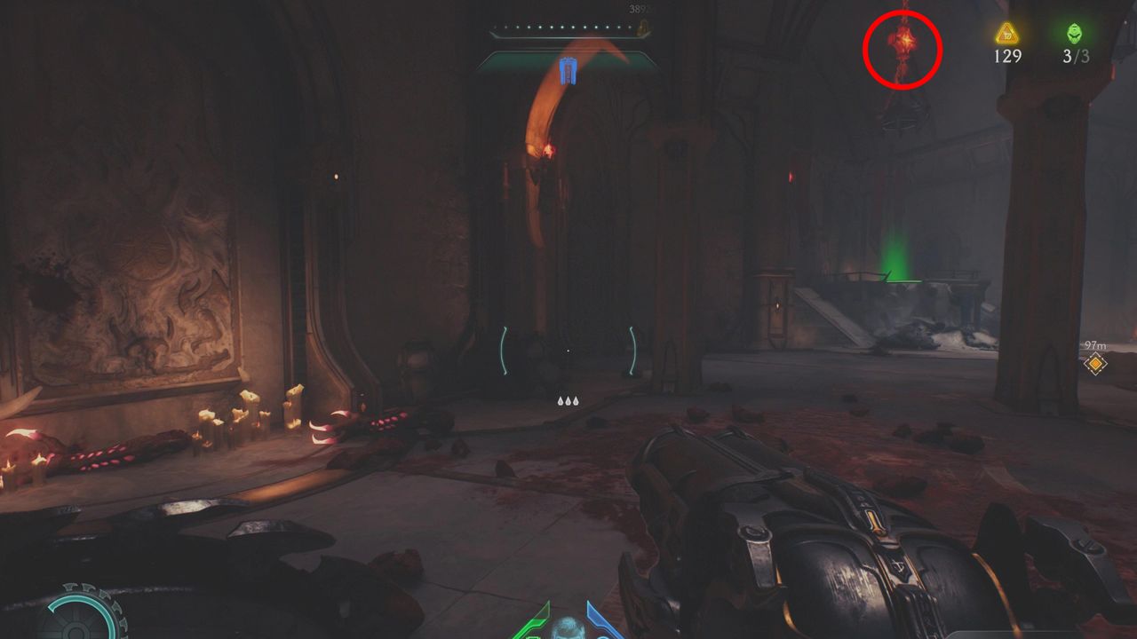 Doom: The Dark Ages Holy City of Aratum secrets - A lock holding a chandelier above a pressure plate inside a castle hallway.