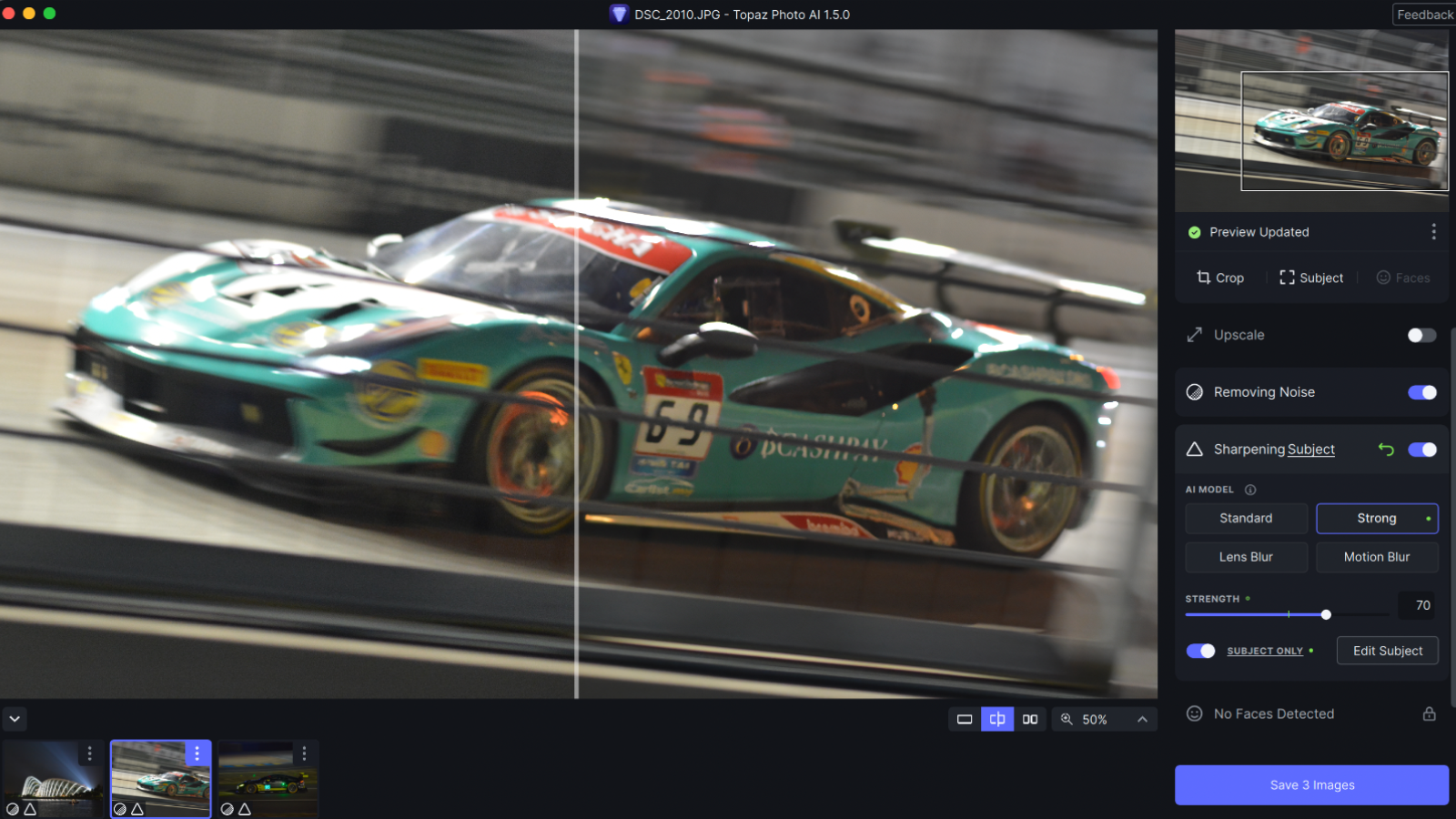 Topaz Photo AI correcting an image of a racing car
