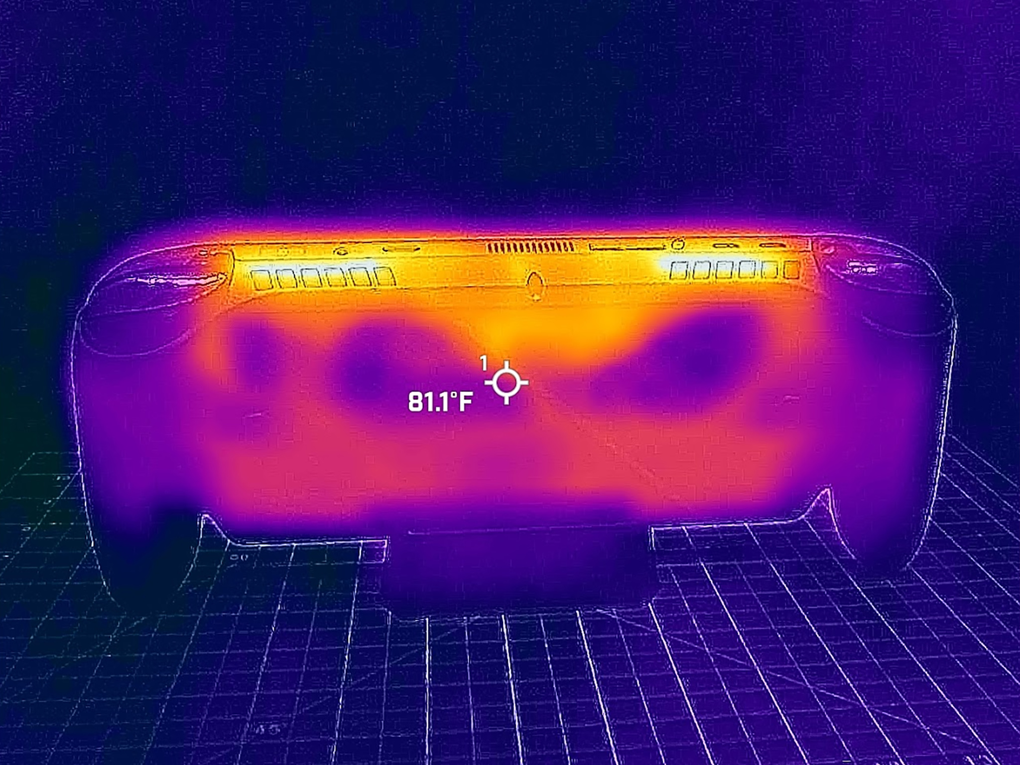 A picture taken with a thermal camera that shows that the ROG Xbox Ally X's central backside reaches 81 degrees F.