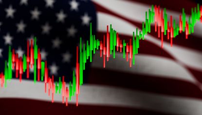 A vibrant, wide-angle view of a stock market bar graph with prominent green and red candlestick indicators layered over a blurred, cinematic background of the American flag.