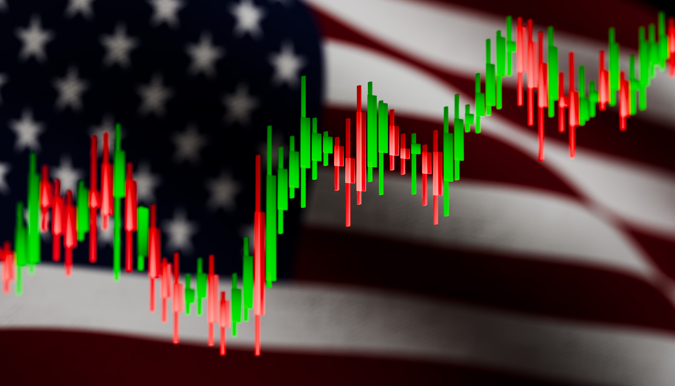 A vibrant, wide-angle view of a stock market bar graph with prominent green and red candlestick indicators layered over a blurred, cinematic background of the American flag.
