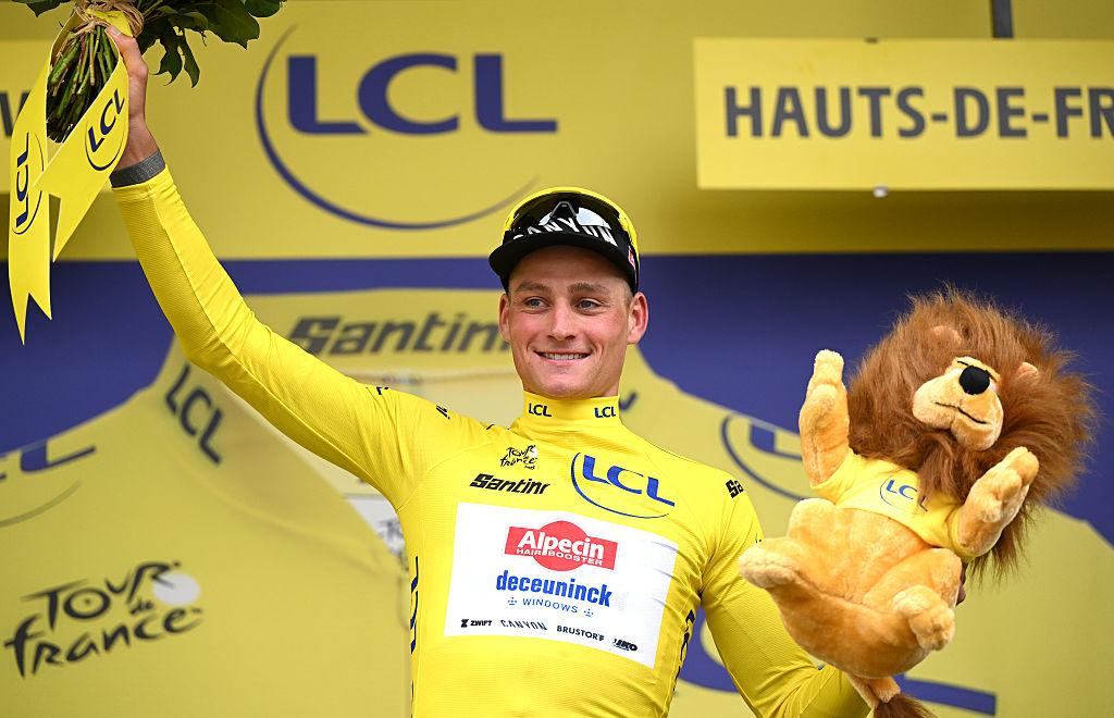BOULOGNE-SUR-MER - JULY 06: Mathieu van der Poel of Netherlands and Team Alpecin - Deceuninck celebrates at podium as Yellow Leader Jersey winner during the 112th Tour de France 2025, Stage 2 a 209.1km stage from Lauwin-Planque to Boulogne-sur-Mer / #UCIWT / on July 06, 2025 in Boulogne-sur-Mer, France. (Photo by Dario Belingheri/Getty Images)