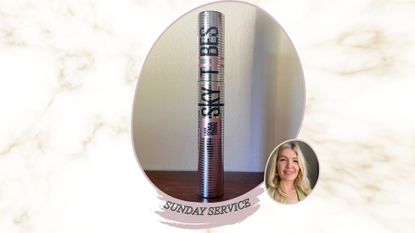 an image of maybelline sky high tubes mascara next to an image of beauty editor Fiona McKim smiling in a green blazer