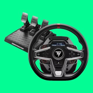 The best mid-range racing wheel, the Thrustmaster T248 on a green background, with pedals