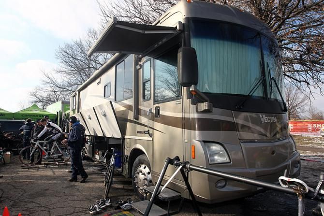 The BKCP-Powerplus bus of world champion Niels Albert and teammate Wietse Bosmans.