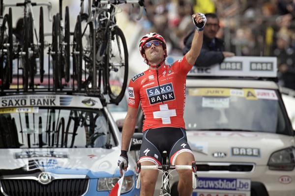 Fabian Cancellara (Saxo Bank) celebrates as he crosses the line.