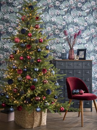 Christmas tree decorating ideas: red and blue Christmas tree decorating scheme by Maisons du Monde
