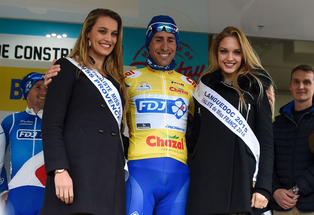 Mathieu Ladagnous of FDJ on the podium, after winning the Team Time Trial on day one of the tour of 'La Mediterraneenne'