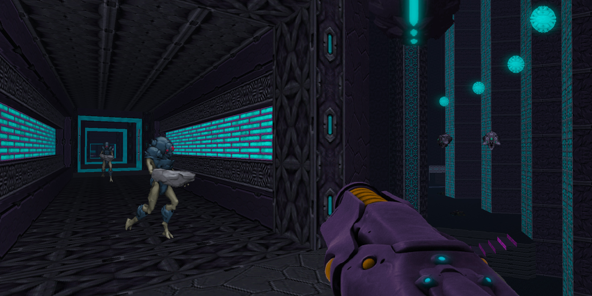 facing down an alien in a purple and cyan lit alien building