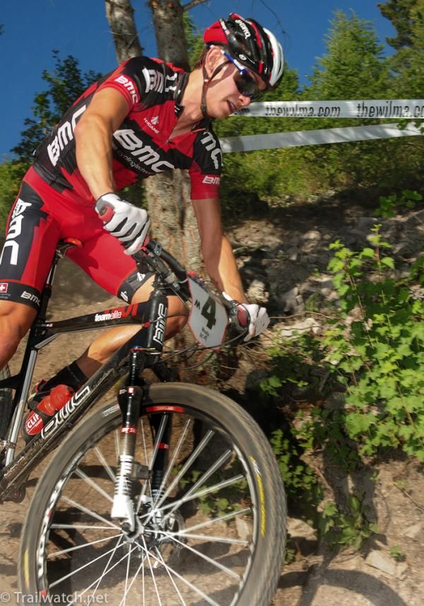 Stephen Ettinger (BMC) slides his way around a switchback