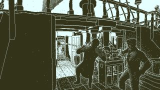 Två personer står uppe på däck på ett skepp i spelet Return of the Obra Dinn.