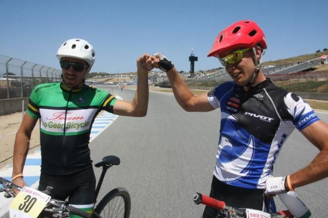 Macky Franklin celebrates the the Sea Otter cross country finish with Ryan Woodall