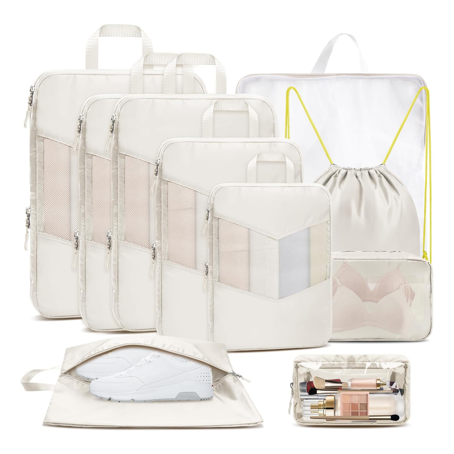 A set of beige packing cubes