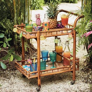 garden area with wooden drink trolley and drinks
