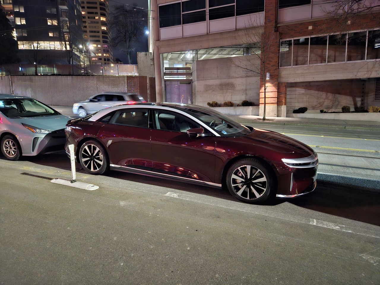 Galaxy S23 camera sample: Nighttime photo of a parked Lucid Air sedan