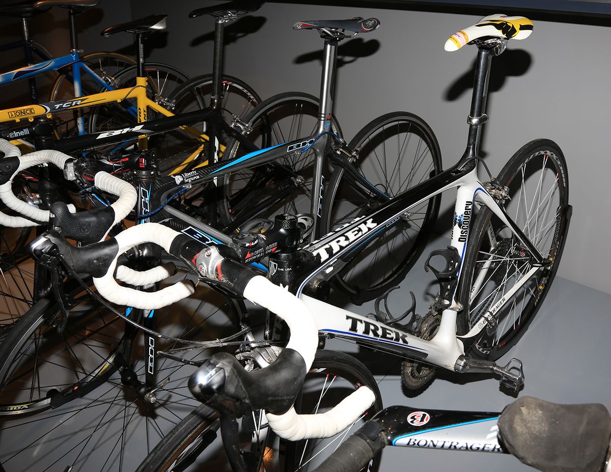 The bikes from early in Contador's career - a Giant from his first season with Once, two BH's from when the team was known as Liberty Seguros, and a Trek from his time at Discovery in 2007.