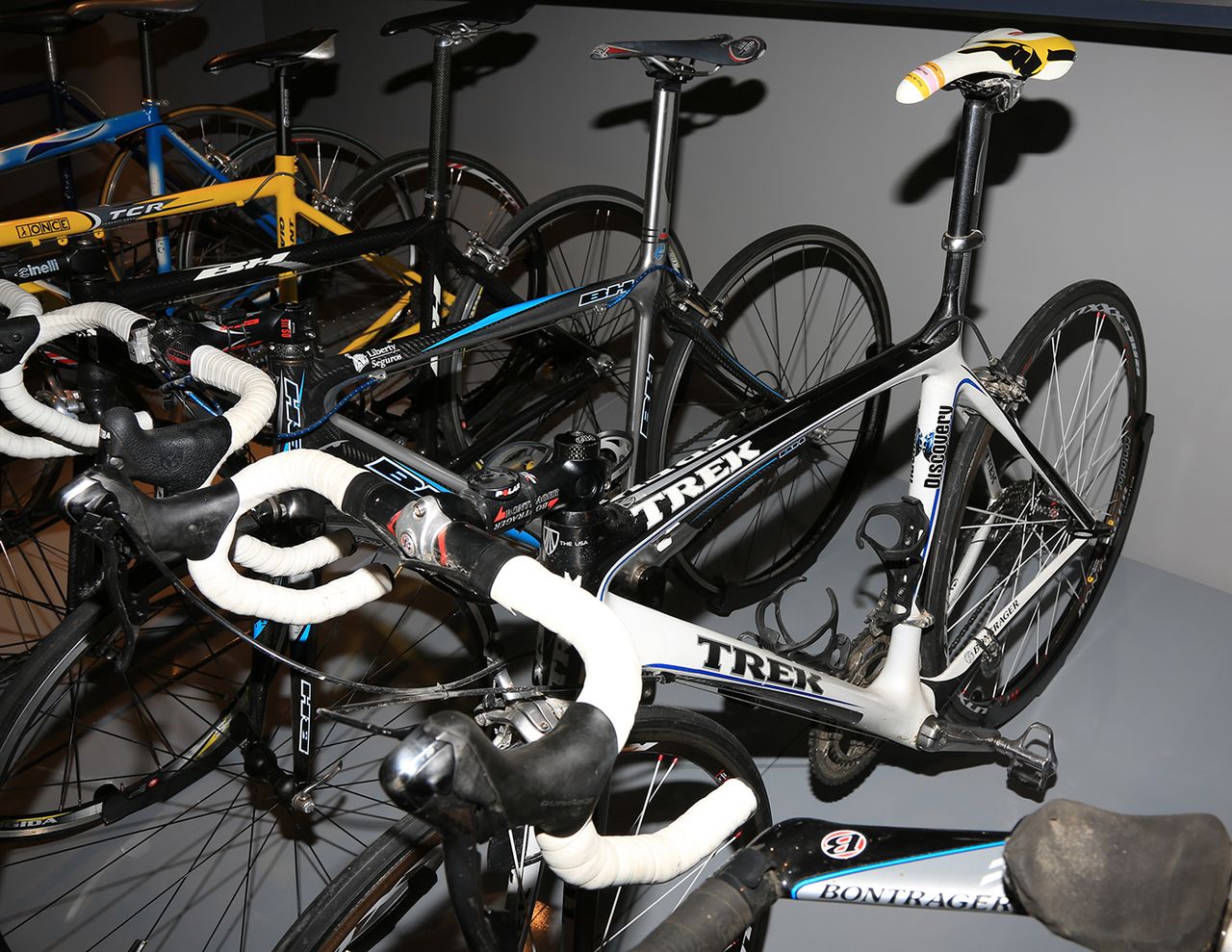 The bikes from early in Contador's career - a Giant from his first season with Once, two BH's from when the team was known as Liberty Seguros, and a Trek from his time at Discovery in 2007.