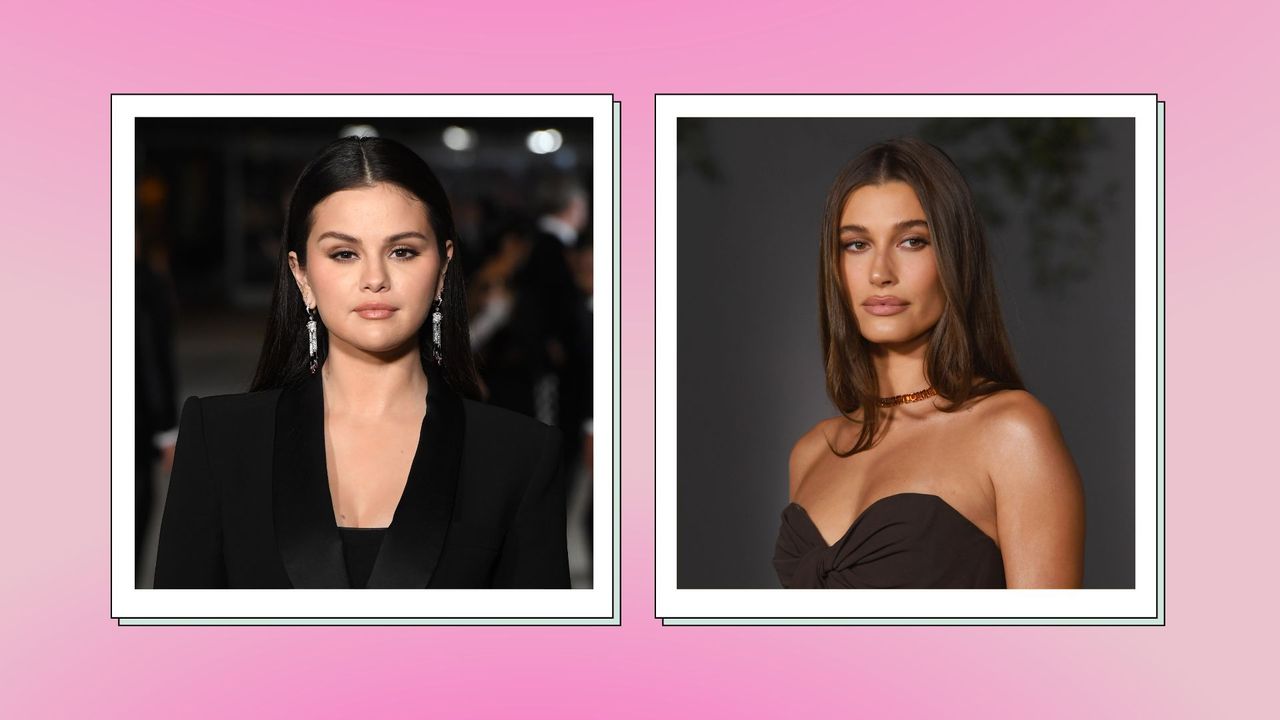 Selena Gomez and Hailey Bieber pictured at the 2nd Annual Academy Museum Gala at Academy Museum of Motion Pictures on October 15, 2022 / in a pink background