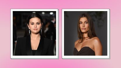 Selena Gomez and Hailey Bieber pictured at the 2nd Annual Academy Museum Gala at Academy Museum of Motion Pictures on October 15, 2022 / in a pink background