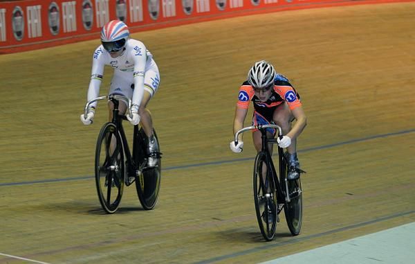 World sprint champion Victoria Pendleton (Sky Track Cycling) comes around Rebecca James (Motor Point Marshalls) in the gold medal round.