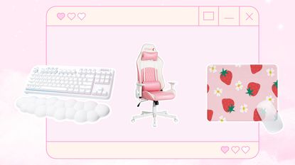 Three aesthetic gaming accessories on a pink desktop background