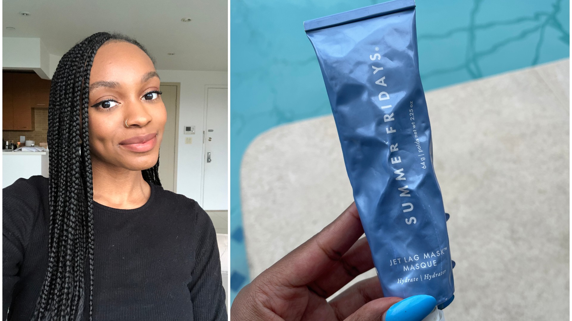a side by side of a selfie and a person holding a tube of moisturizer