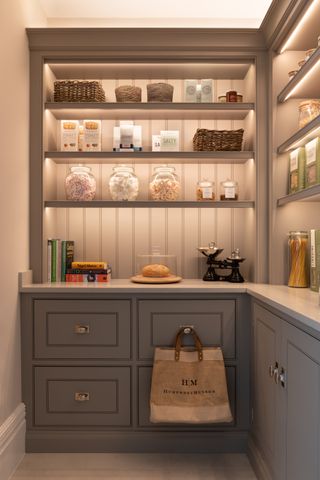 A well-lit kitchen pantry
