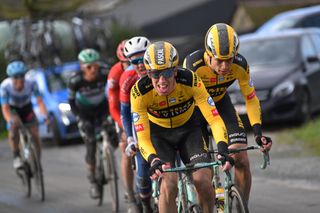 Pascal Eenkhoorn leads Jumbo-Visma teammate Wout van Aert at the 2020 Omloop Het Nieuwsblad