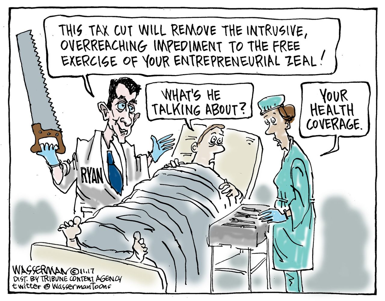 Political cartoon U.S. GOP tax cuts health care Paul Ryan