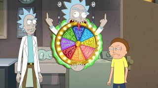 Rick and Morty in front of an offensive sidekick wheel