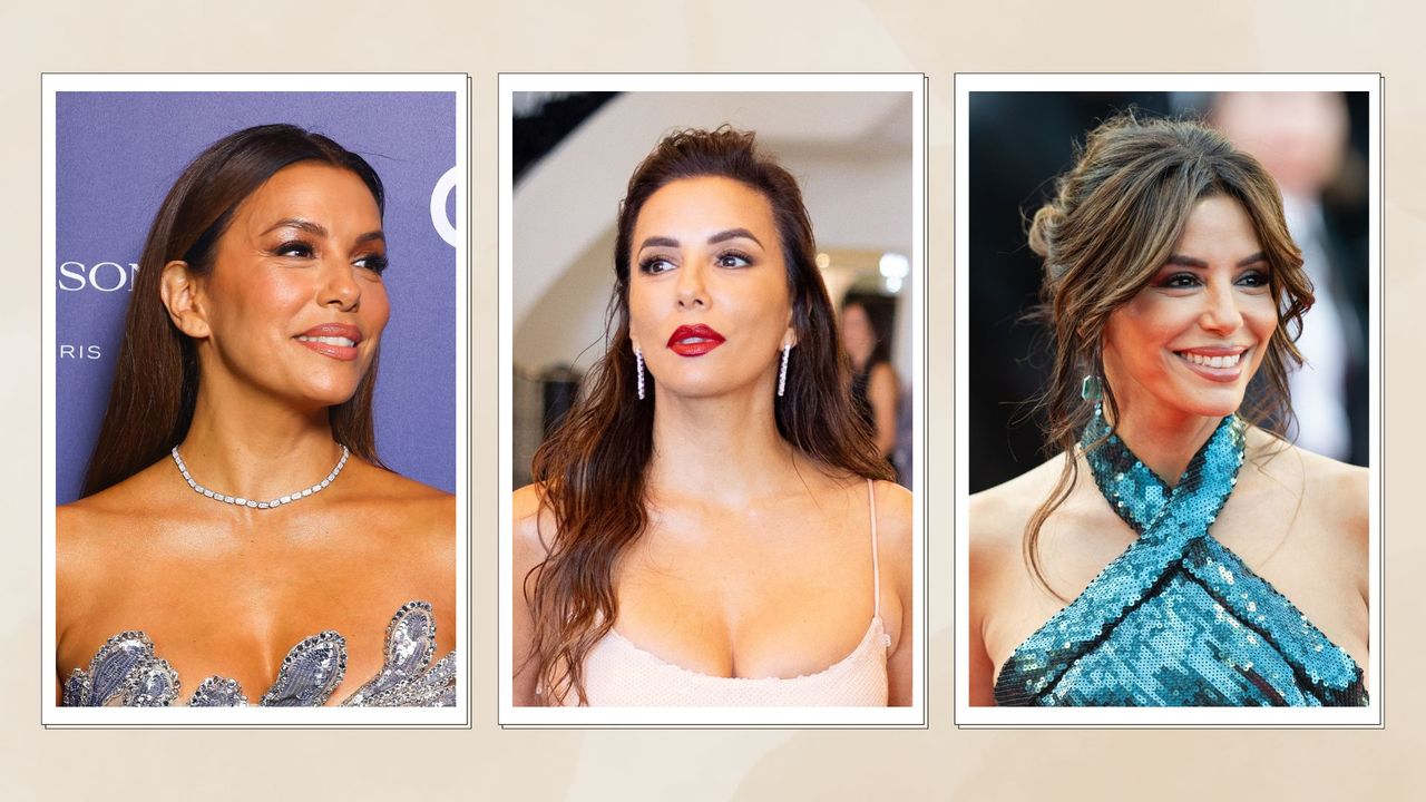 three images of Eva Longoria wearing different beauty looks on a beige background