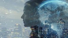 Artificial intelligence visualisation with woman, globe, cityscape and network lines superimposed 