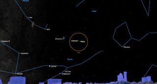 The outline of a small orange circle hangs central in a starry night sky, with small weird blue buildings low on the horizon. In the circle, two points are labeled Uranus and Mars. Thin blue lines connect stars in the sky to show constellations.