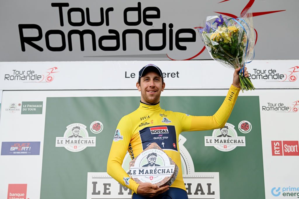 PORTVALAIS SWITZERLAND APRIL 25 Josef Cern of Czech Republic and Team Soudal QuickStep celebrates at podium as Yellow leader jersey winner after the 76th Tour De Romandie 2023 Prologue a 682km stage from PortValais to PortValais UCIWT on April 25 2023 in PortValais Switzerland Photo by Dario BelingheriGetty Images