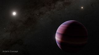 an image of a red and purple striped planet near two stars