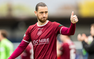 Stenhousemuir's Gregor Buchanan gives a thumbs up at full time during a William Hill League One match between Montrose and Stenhousemuir at Links Park, on May 02, 2026, in Montrose, Scotland. 