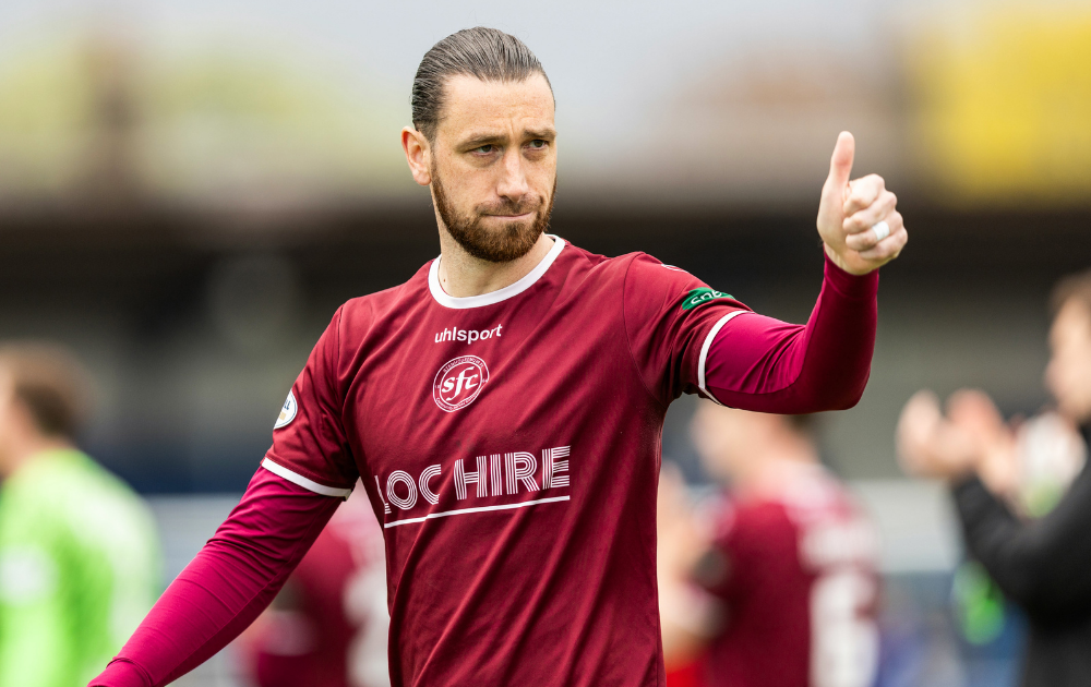 Stenhousemuir's Gregor Buchanan gives a thumbs up at full time during a William Hill League One match between Montrose and Stenhousemuir at Links Park, on May 02, 2026, in Montrose, Scotland. 