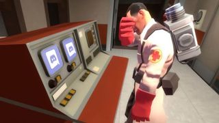 Image edit of the medic in Team Fortress 2 with his hand over his face while looking at two screens with the Discord logo on them.