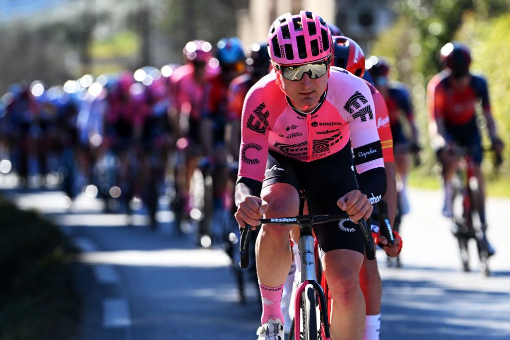 BESSEGES FRANCE FEBRUARY 03 Mark Padun of Ukraine and Team EF Education Easypost leads the peloton during the 53rd Etoile de Besseges Tour Du Gard 2023 Stage 3 a 16971km stage from Bessges to Bessges EDB2021 on February 03 2023 in Besseges France Photo by Luc ClaessenGetty Images
