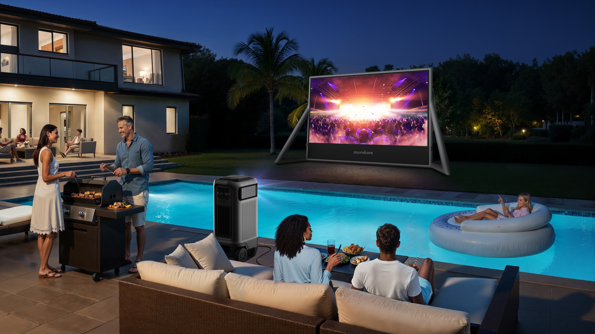 Rendered image showing the Soundcore Nebula X1 Pro projecting onto a 200-inch inflatable screen at a fancy house&#039;s back yard pool party