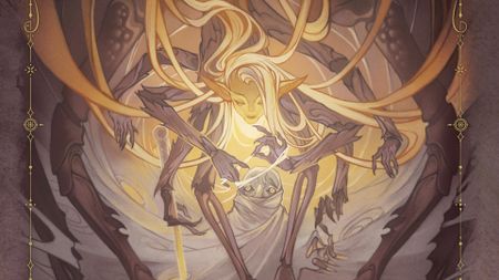 An elf woman with golden hair and spider legs wraps up a scared-looking person in webbing
