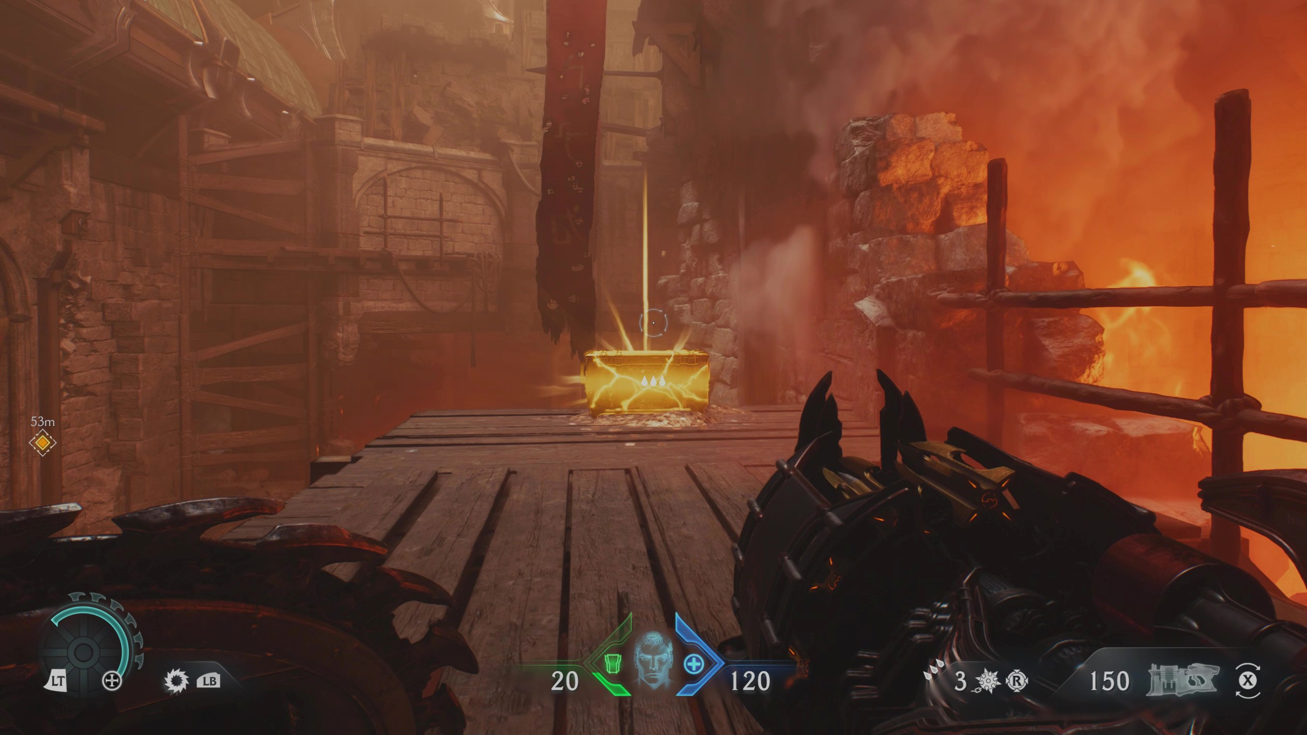 Doom: The Dark Ages Siege Part 2 secrets - A gold chest on a wooden platform in overlooking an open section of the castle wall.