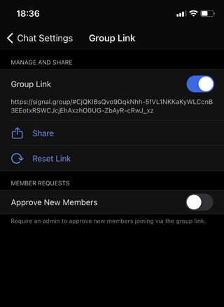 A screenshot of the group-link management page in Signal.